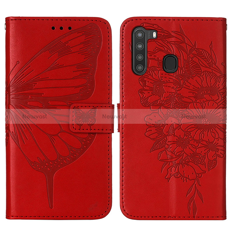 Leather Case Stands Butterfly Flip Cover Holder Y01B for Samsung Galaxy A21 Red
