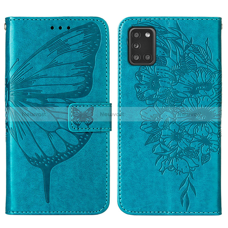 Leather Case Stands Butterfly Flip Cover Holder Y01B for Samsung Galaxy A21s Blue