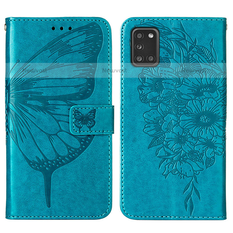 Leather Case Stands Butterfly Flip Cover Holder Y01B for Samsung Galaxy A31 Blue