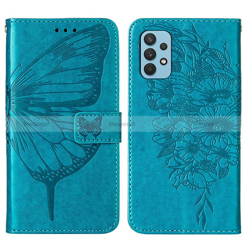 Leather Case Stands Butterfly Flip Cover Holder Y01B for Samsung Galaxy A32 4G Blue