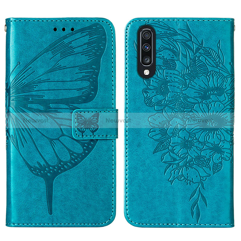 Leather Case Stands Butterfly Flip Cover Holder Y01B for Samsung Galaxy A50 Blue