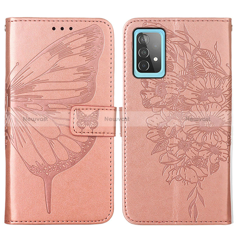 Leather Case Stands Butterfly Flip Cover Holder Y01B for Samsung Galaxy A52 4G Rose Gold