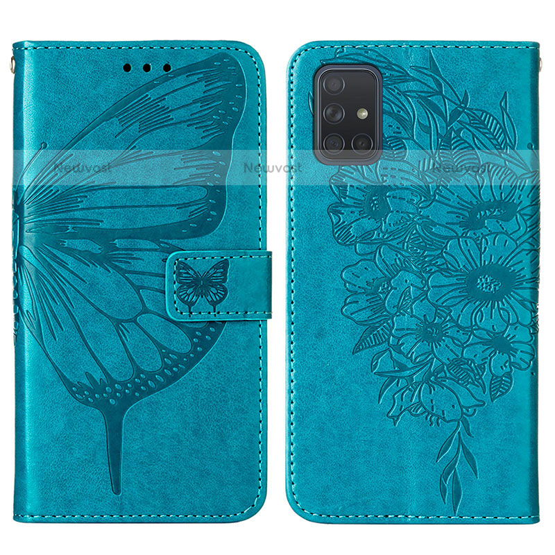 Leather Case Stands Butterfly Flip Cover Holder Y01B for Samsung Galaxy A71 4G A715 Blue