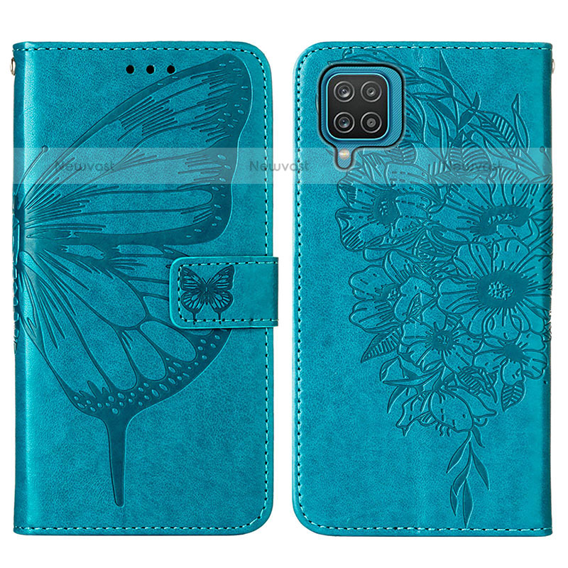 Leather Case Stands Butterfly Flip Cover Holder Y01B for Samsung Galaxy F12 Blue
