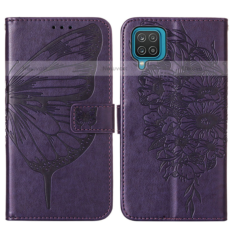 Leather Case Stands Butterfly Flip Cover Holder Y01B for Samsung Galaxy F12 Purple