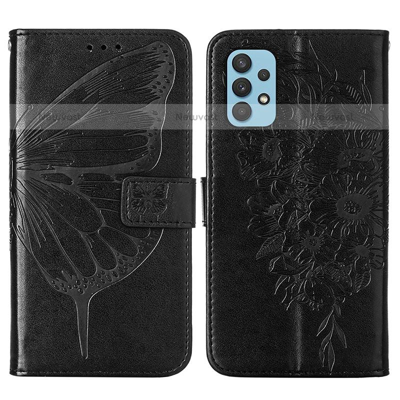 Leather Case Stands Butterfly Flip Cover Holder Y01B for Samsung Galaxy M32 5G Black