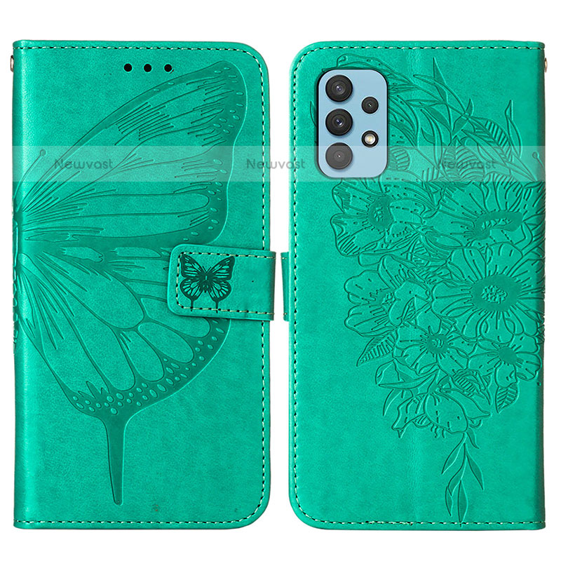 Leather Case Stands Butterfly Flip Cover Holder Y01B for Samsung Galaxy M32 5G Green