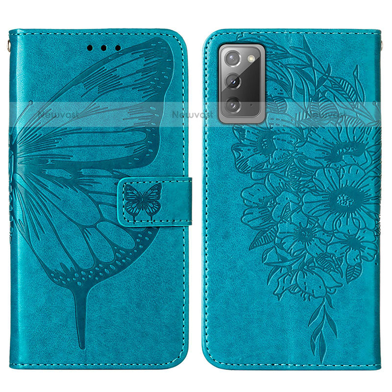 Leather Case Stands Butterfly Flip Cover Holder Y01B for Samsung Galaxy Note 20 5G Blue