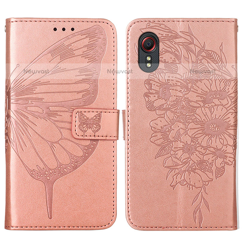 Leather Case Stands Butterfly Flip Cover Holder Y01B for Samsung Galaxy XCover 5 SM-G525F Rose Gold