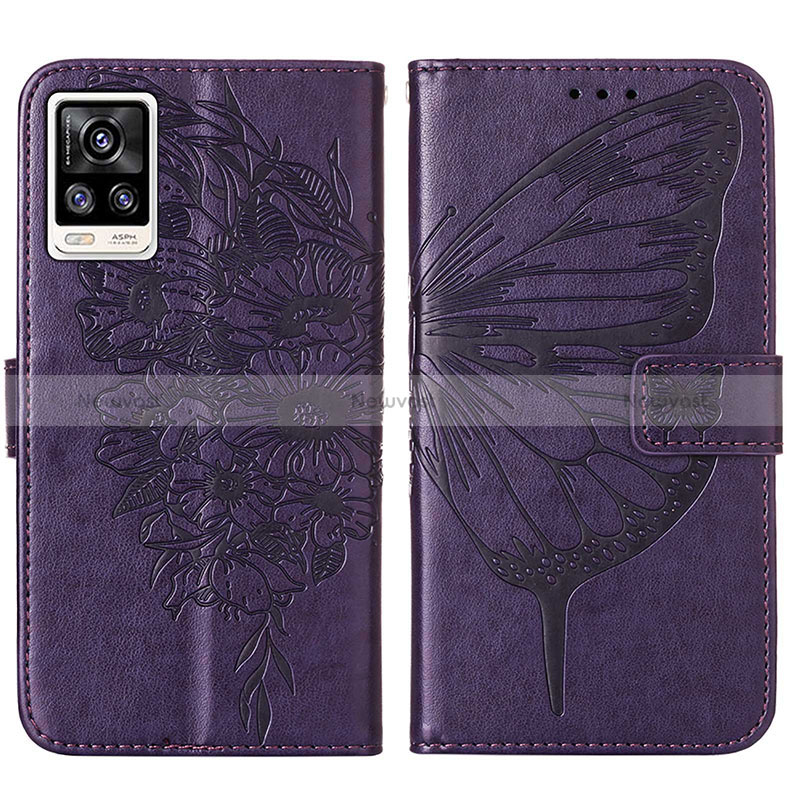 Leather Case Stands Butterfly Flip Cover Holder Y01B for Vivo V21e 4G Purple