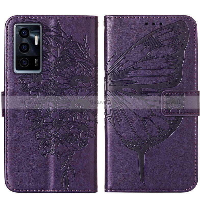 Leather Case Stands Butterfly Flip Cover Holder Y01B for Vivo V23e 5G Purple