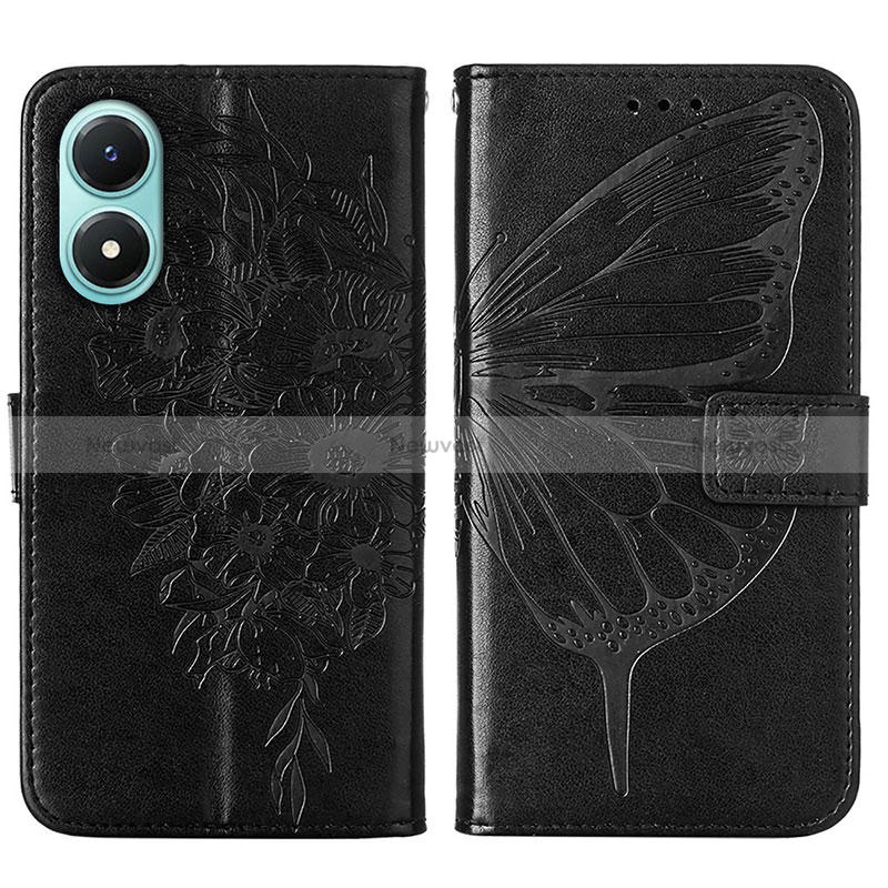 Leather Case Stands Butterfly Flip Cover Holder Y01B for Vivo Y02S Black