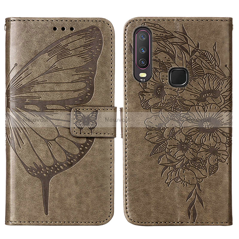 Leather Case Stands Butterfly Flip Cover Holder Y01B for Vivo Y11 Gray