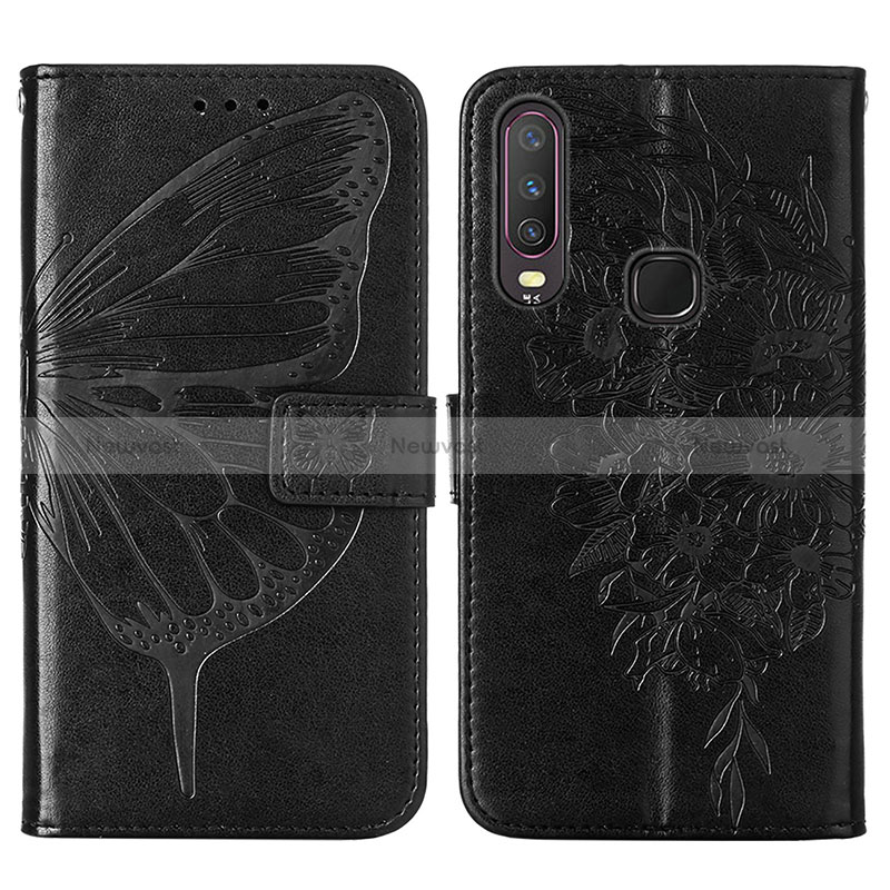 Leather Case Stands Butterfly Flip Cover Holder Y01B for Vivo Y12 Black