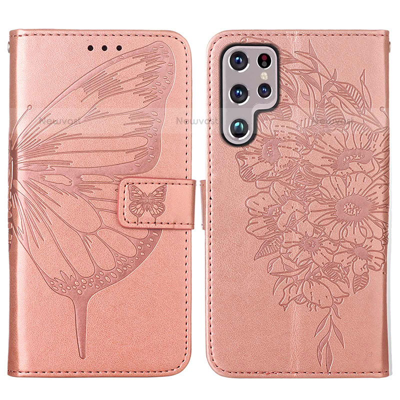 Leather Case Stands Butterfly Flip Cover Holder Y06B for Samsung Galaxy S23 Ultra 5G Rose Gold