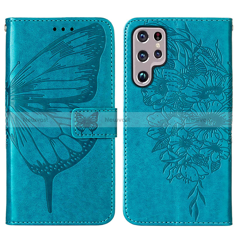 Leather Case Stands Butterfly Flip Cover Holder Y06B for Samsung Galaxy S24 Ultra 5G Blue