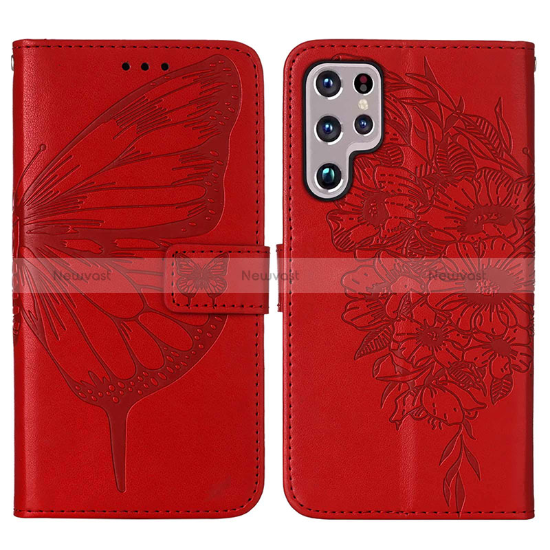 Leather Case Stands Butterfly Flip Cover Holder Y06B for Samsung Galaxy S24 Ultra 5G Red