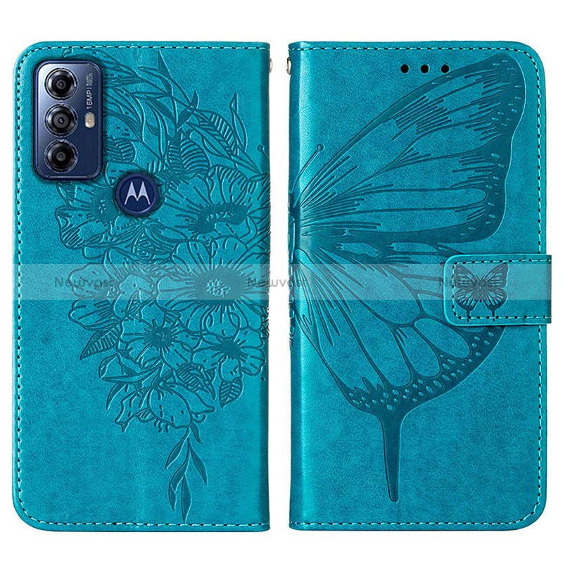 Leather Case Stands Butterfly Flip Cover Holder YB1 for Motorola Moto G Power (2022) Blue