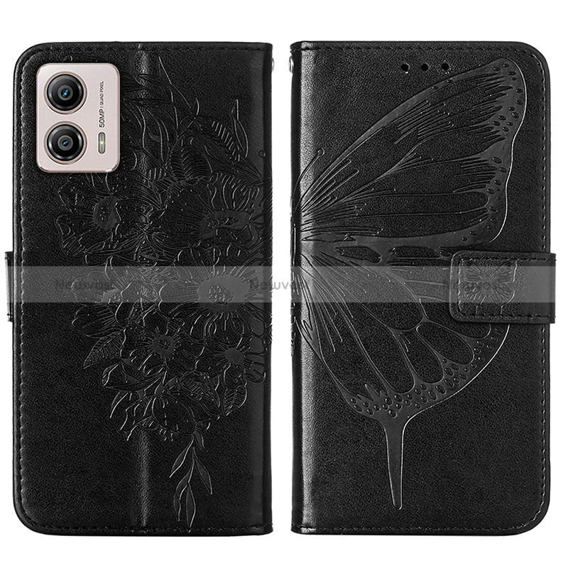 Leather Case Stands Butterfly Flip Cover Holder YB1 for Motorola Moto G53 5G Black