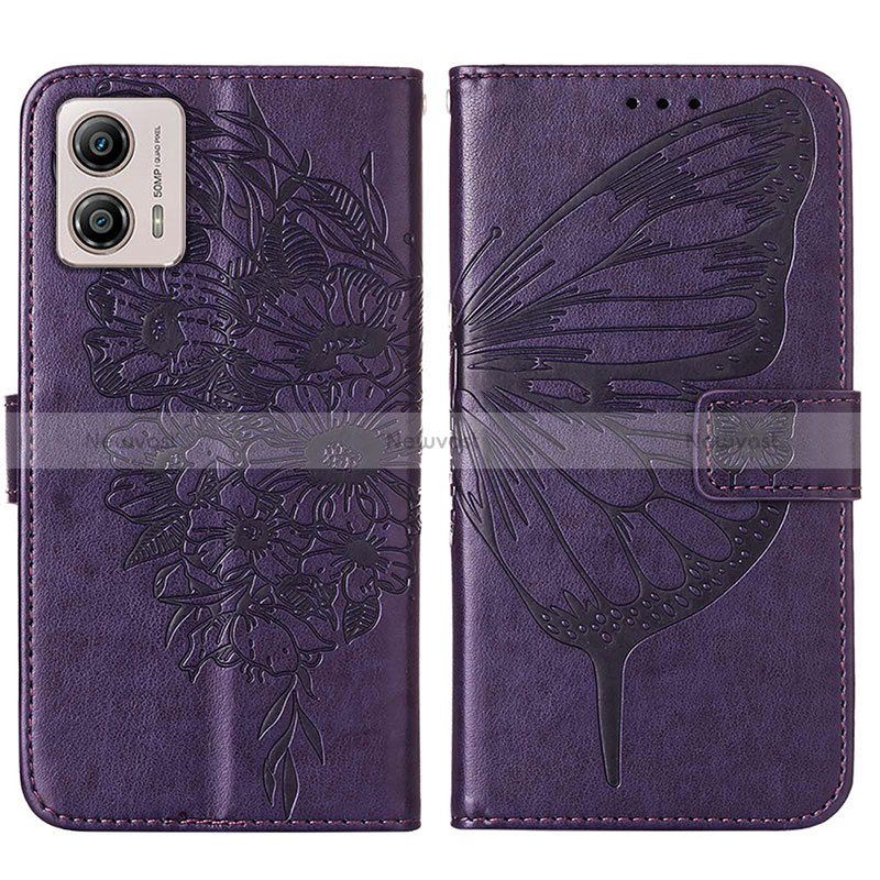 Leather Case Stands Butterfly Flip Cover Holder YB1 for Motorola Moto G53 5G Purple