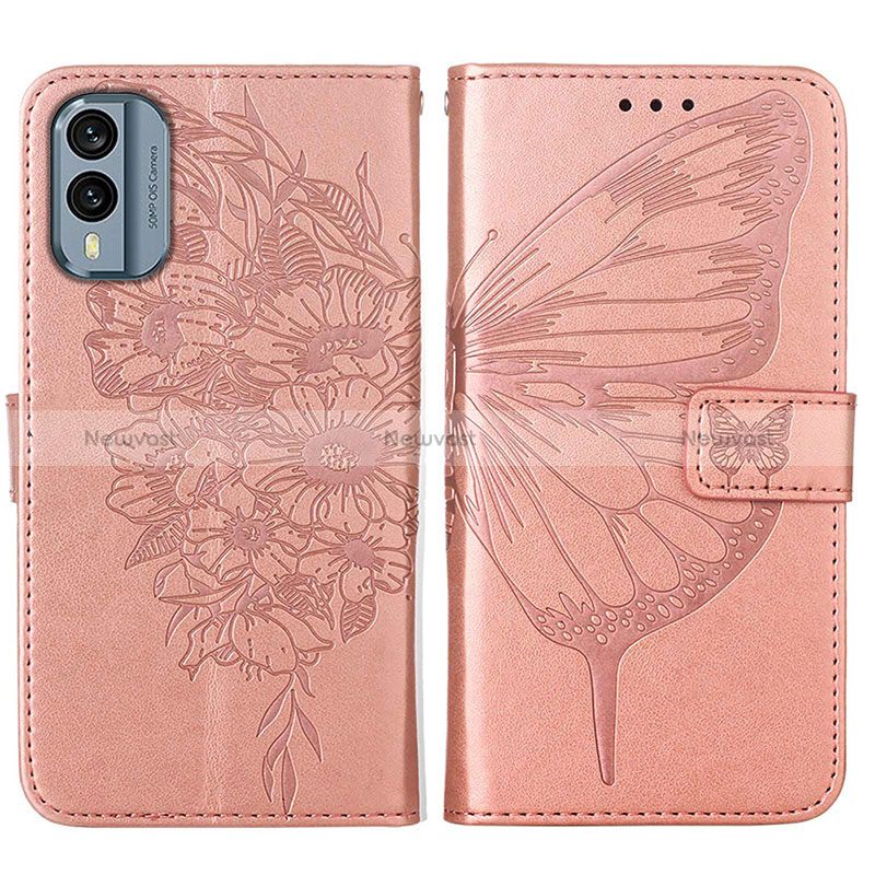 Leather Case Stands Butterfly Flip Cover Holder YB1 for Nokia X30 5G Rose Gold