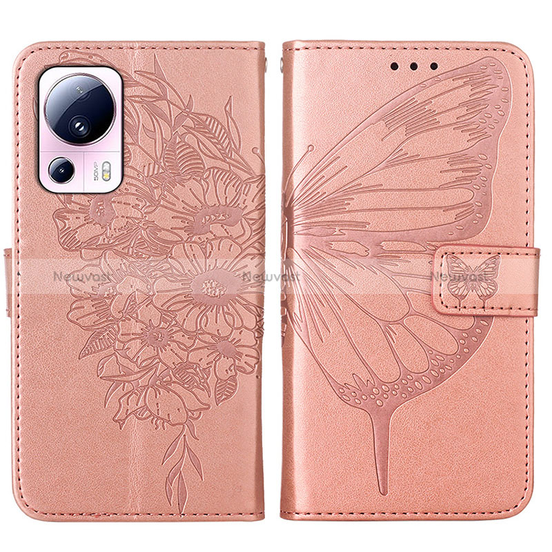 Leather Case Stands Butterfly Flip Cover Holder YB1 for Xiaomi Mi 13 Lite 5G Rose Gold