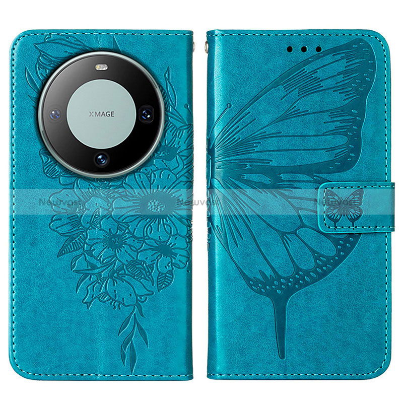 Leather Case Stands Butterfly Flip Cover Holder YB2 for Huawei Mate 60 Pro Blue