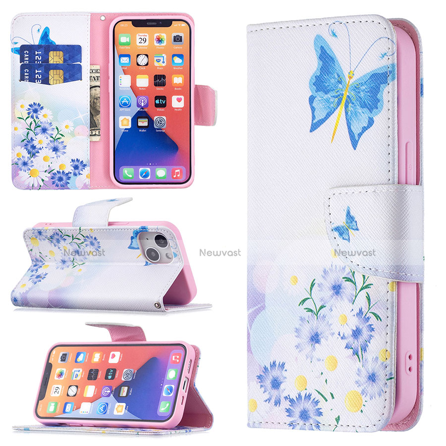 Leather Case Stands Butterfly Flip Cover L01 Holder for Apple iPhone 13 Mini Blue