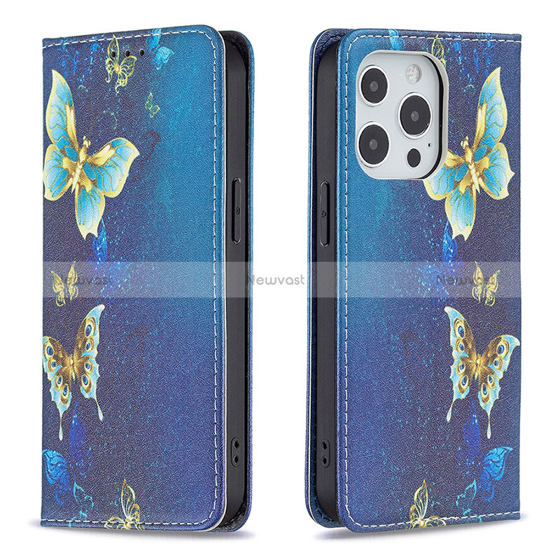 Leather Case Stands Butterfly Flip Cover L01 Holder for Apple iPhone 14 Pro Max Blue