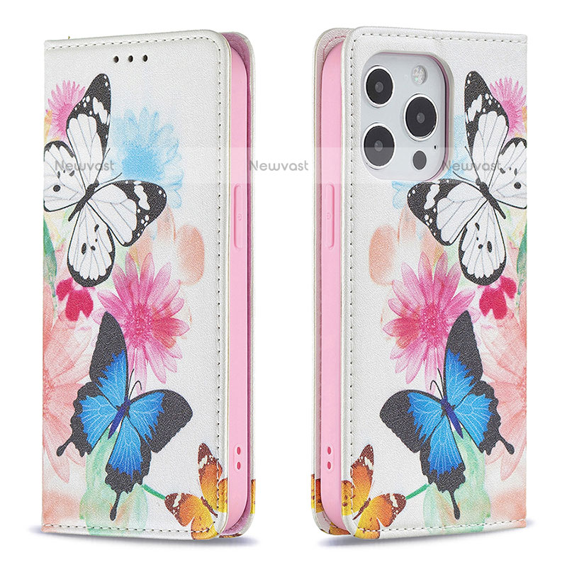 Leather Case Stands Butterfly Flip Cover L01 Holder for Apple iPhone 14 Pro Pink