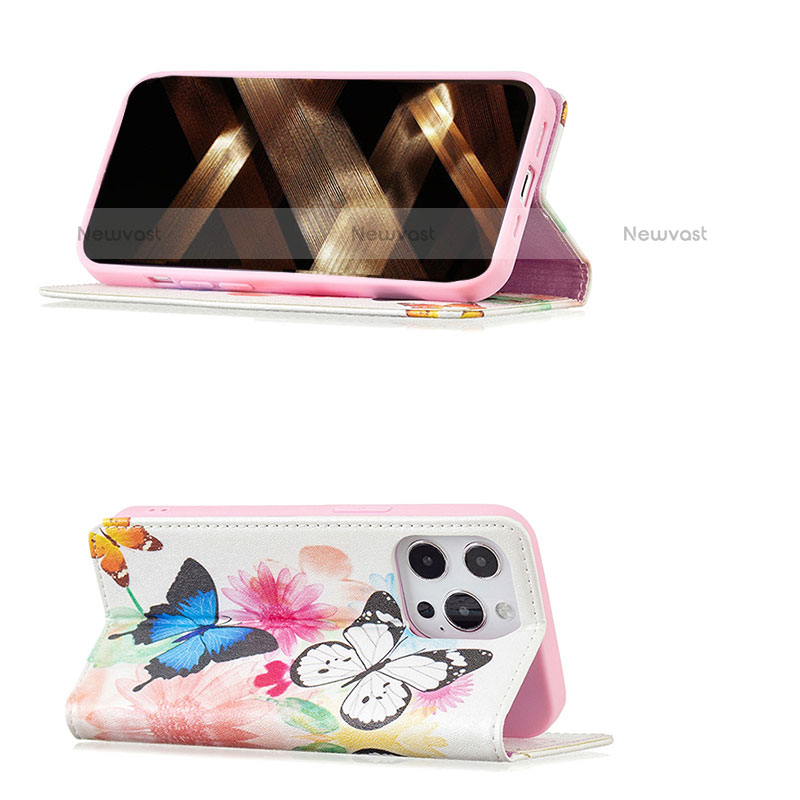 Leather Case Stands Butterfly Flip Cover L01 Holder for Apple iPhone 14 Pro Pink