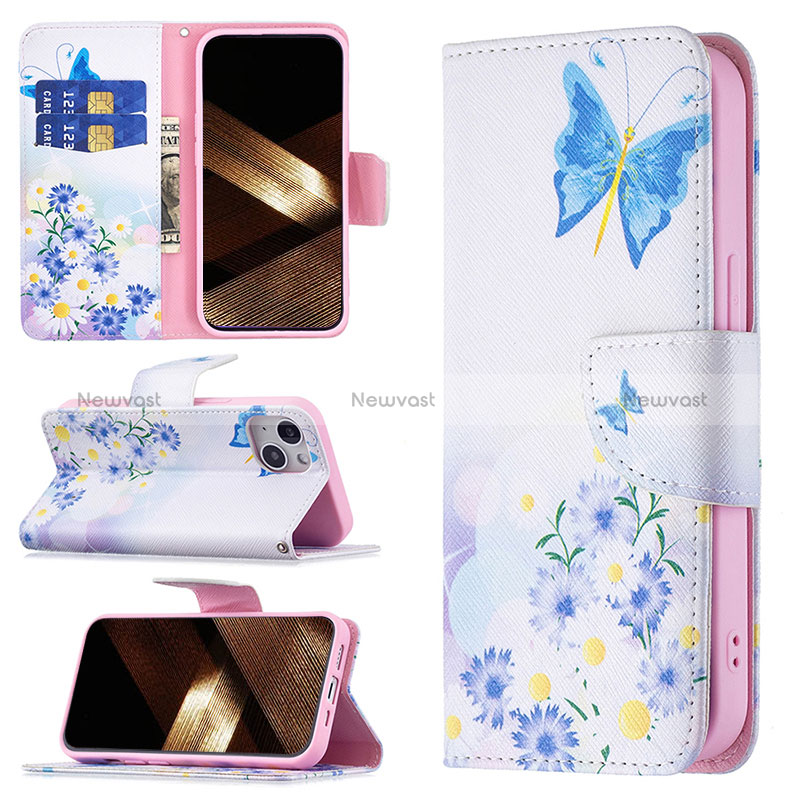 Leather Case Stands Butterfly Flip Cover L01 Holder for Apple iPhone 15 Blue