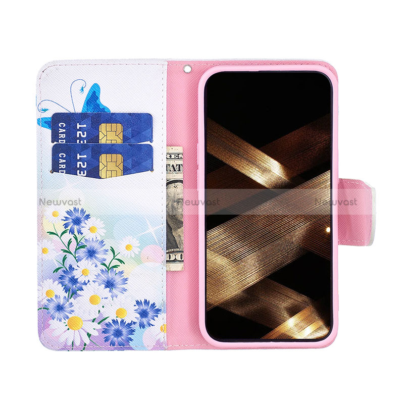 Leather Case Stands Butterfly Flip Cover L01 Holder for Apple iPhone 15 Blue