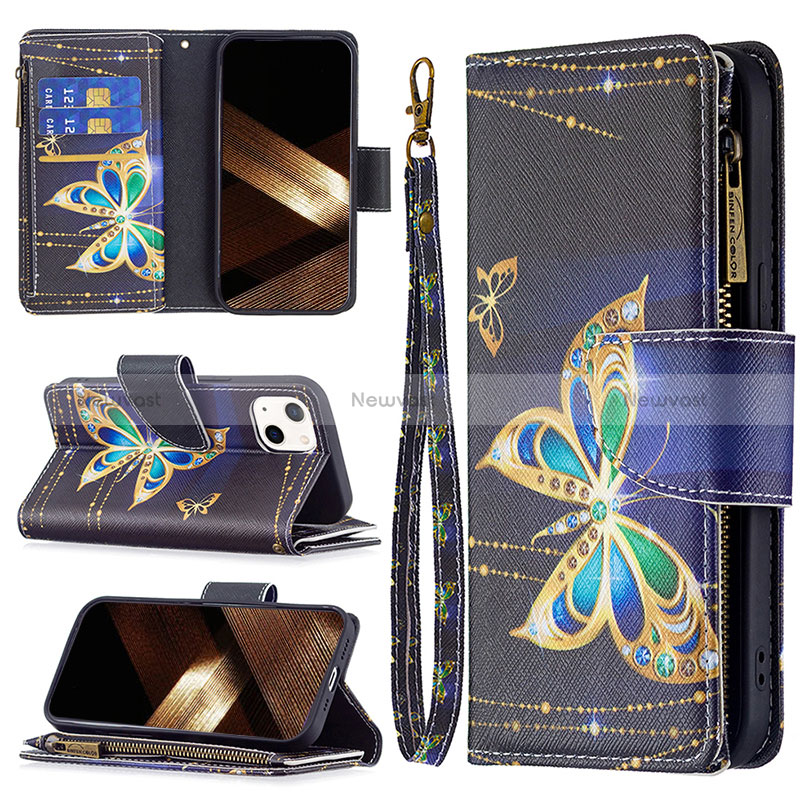 Leather Case Stands Butterfly Flip Cover L01 Holder for Apple iPhone 15 Plus Black