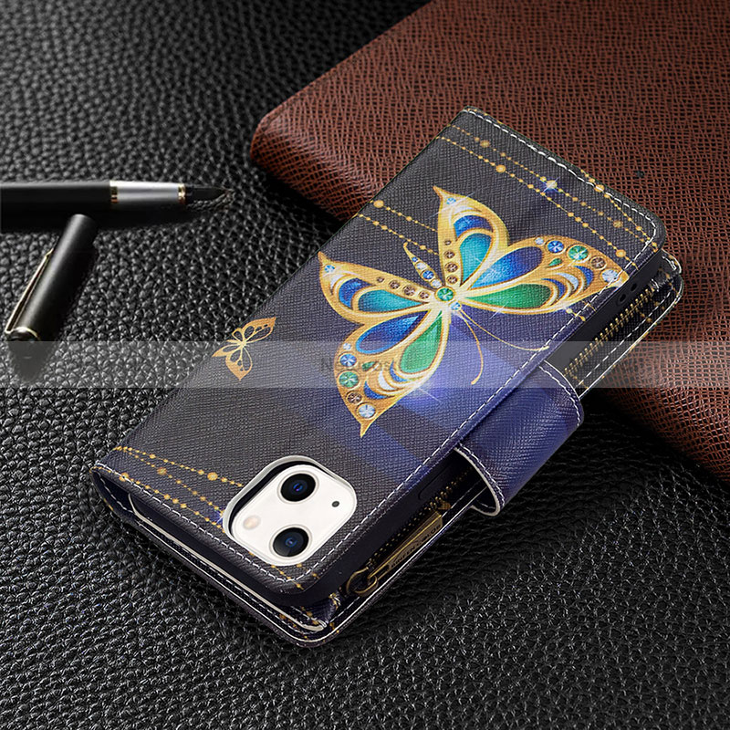 Leather Case Stands Butterfly Flip Cover L01 Holder for Apple iPhone 15 Plus Black