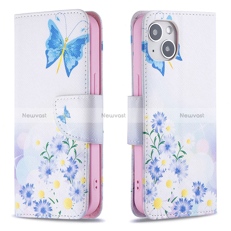 Leather Case Stands Butterfly Flip Cover L01 Holder for Apple iPhone 15 Plus Blue