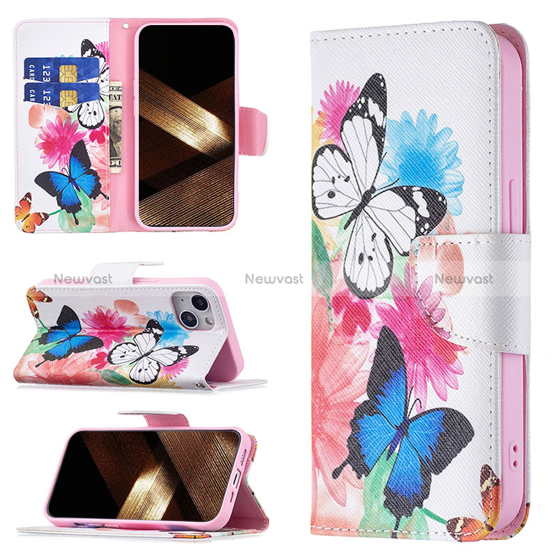 Leather Case Stands Butterfly Flip Cover L01 Holder for Apple iPhone 15 Plus Pink