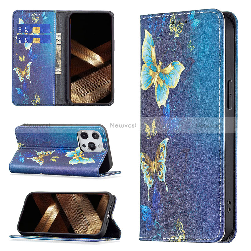 Leather Case Stands Butterfly Flip Cover L01 Holder for Apple iPhone 16 Pro Max Blue