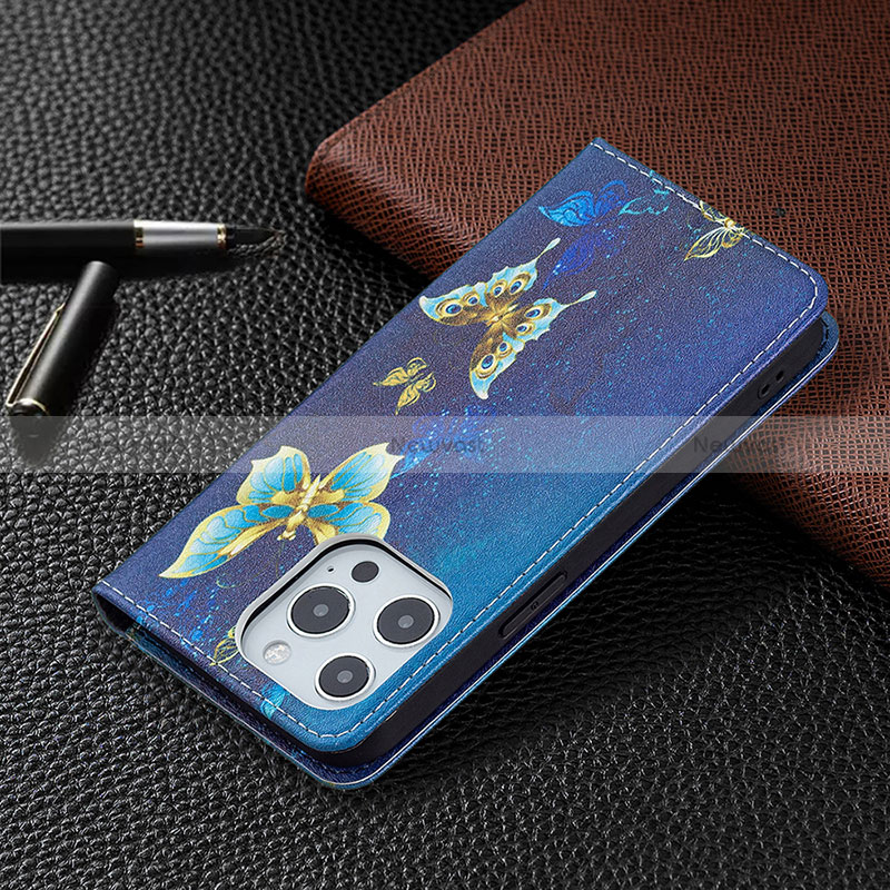 Leather Case Stands Butterfly Flip Cover L01 Holder for Apple iPhone 16 Pro Max Blue