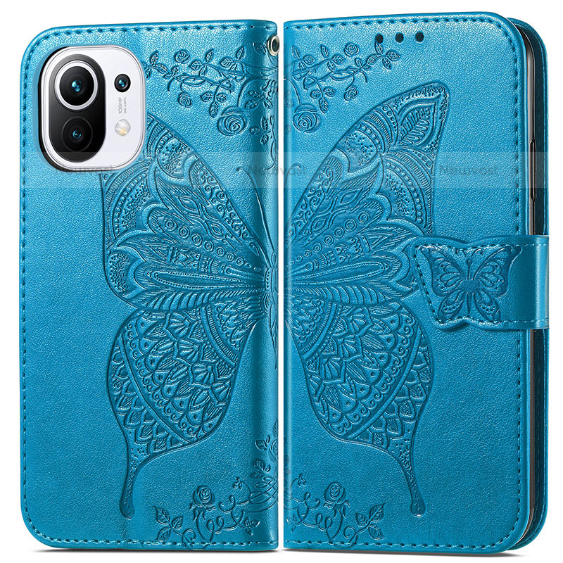 Leather Case Stands Butterfly Flip Cover L02 Holder for Xiaomi Mi 11 Lite 4G Blue