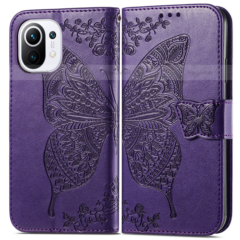 Leather Case Stands Butterfly Flip Cover L02 Holder for Xiaomi Mi 11 Lite 4G Purple