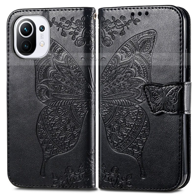 Leather Case Stands Butterfly Flip Cover L02 Holder for Xiaomi Mi 11 Lite 5G NE Black