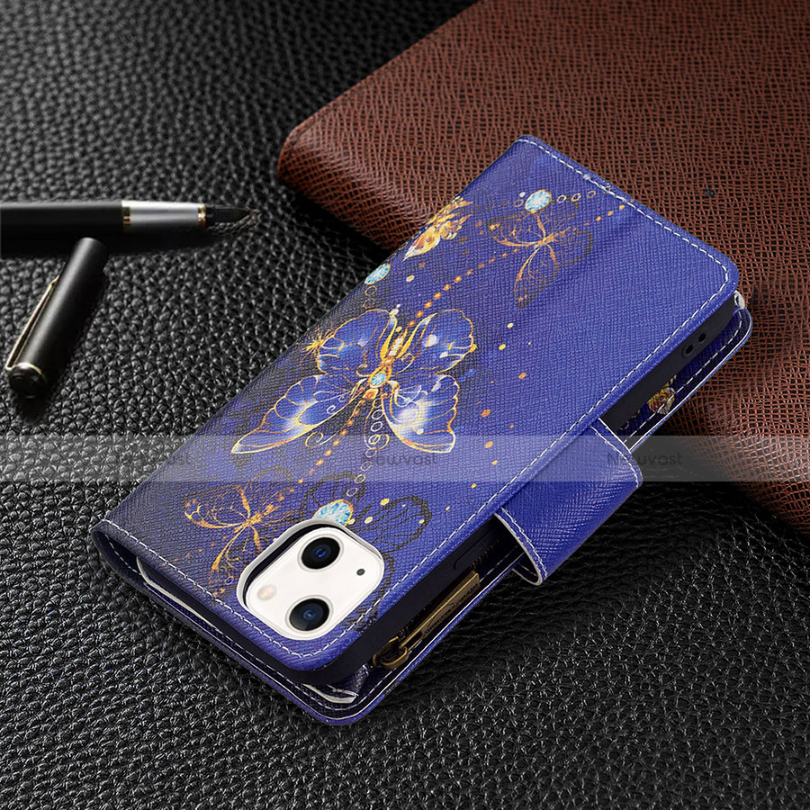 Leather Case Stands Butterfly Flip Cover L03 Holder for Apple iPhone 13 Mini Blue