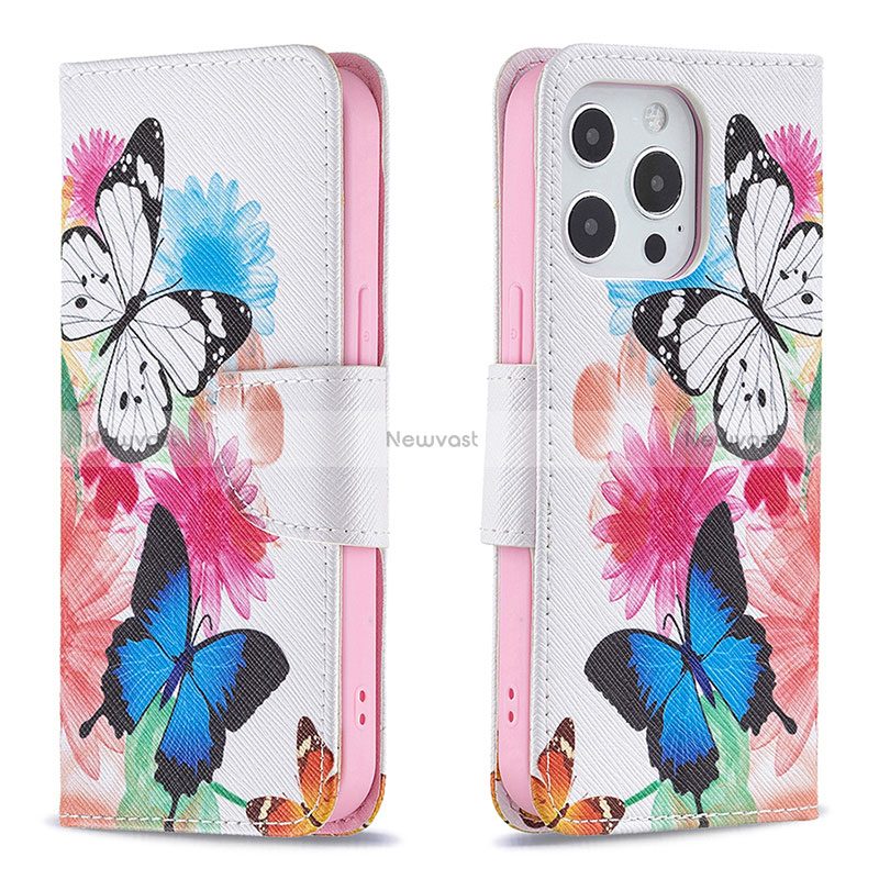 Leather Case Stands Butterfly Flip Cover L03 Holder for Apple iPhone 14 Pro Max Pink