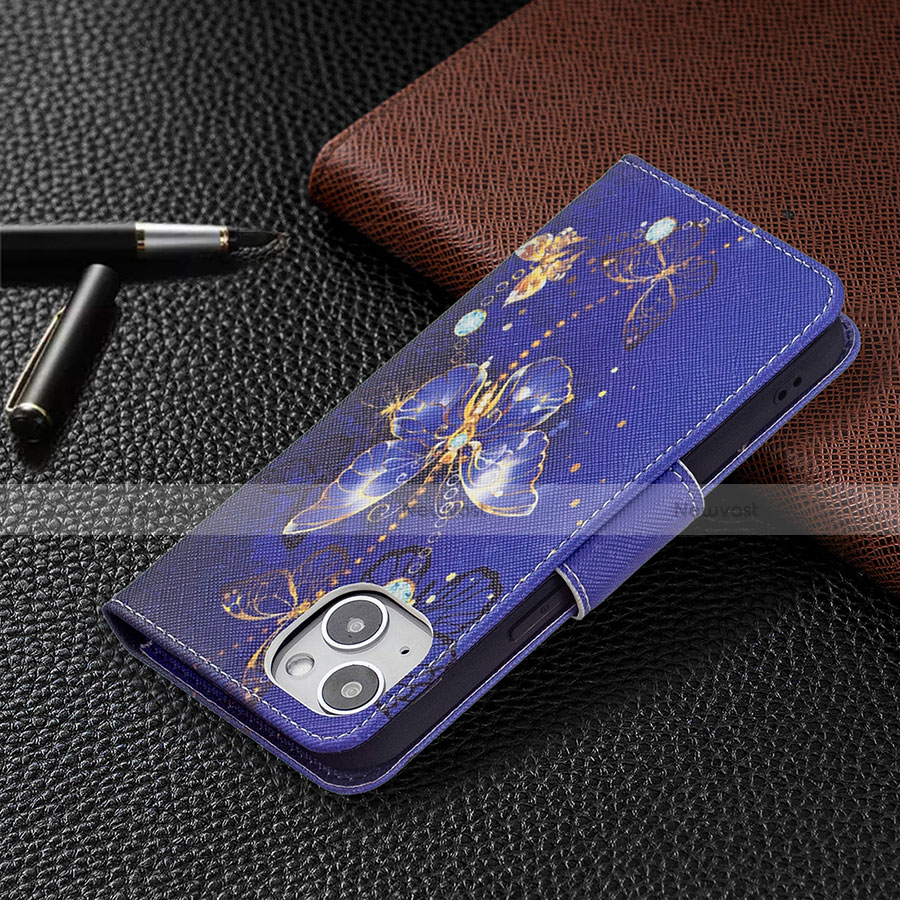 Leather Case Stands Butterfly Flip Cover L07 Holder for Apple iPhone 13 Mini Navy Blue