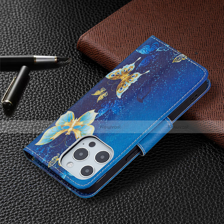 Leather Case Stands Butterfly Flip Cover L07 Holder for Apple iPhone 13 Pro Max Blue