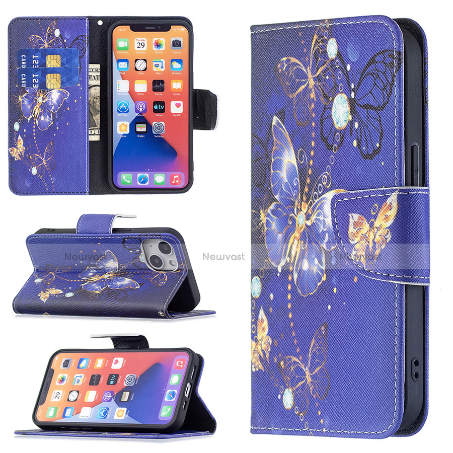 Leather Case Stands Butterfly Flip Cover L07 Holder for Apple iPhone 14 Navy Blue