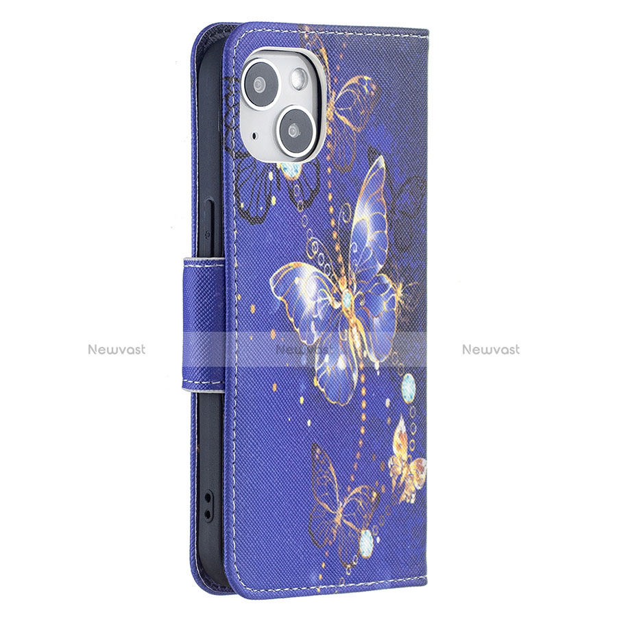 Leather Case Stands Butterfly Flip Cover L07 Holder for Apple iPhone 14 Navy Blue