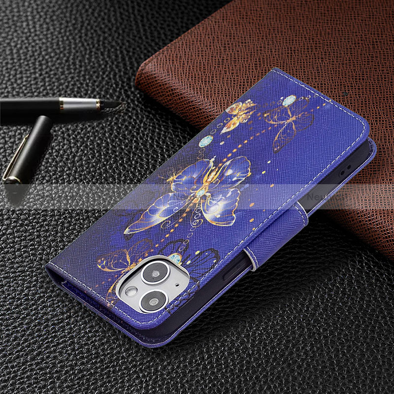 Leather Case Stands Butterfly Flip Cover L07 Holder for Apple iPhone 15 Navy Blue