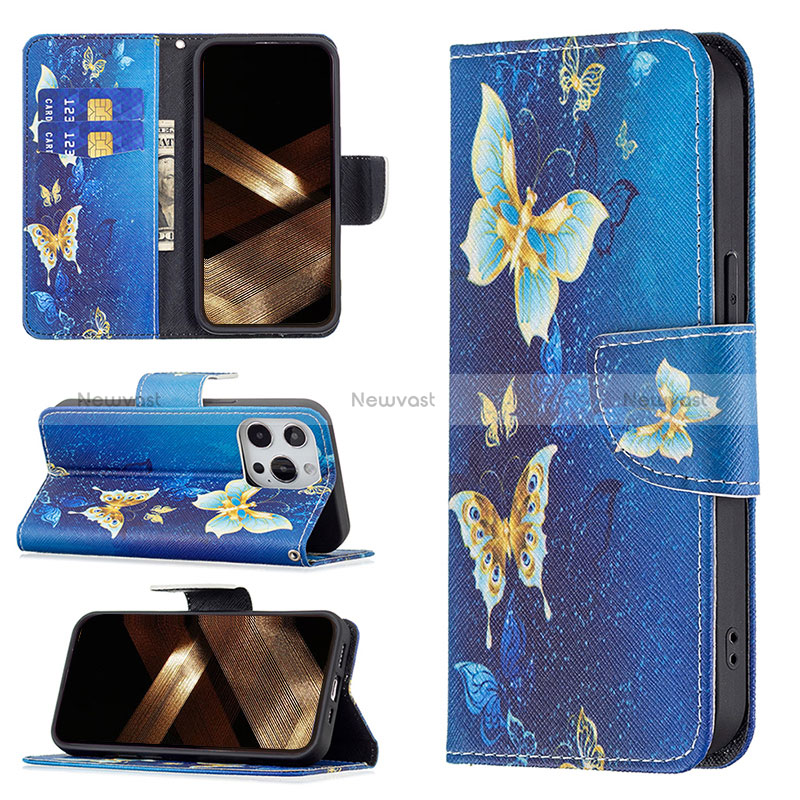 Leather Case Stands Butterfly Flip Cover L07 Holder for Apple iPhone 15 Pro Blue